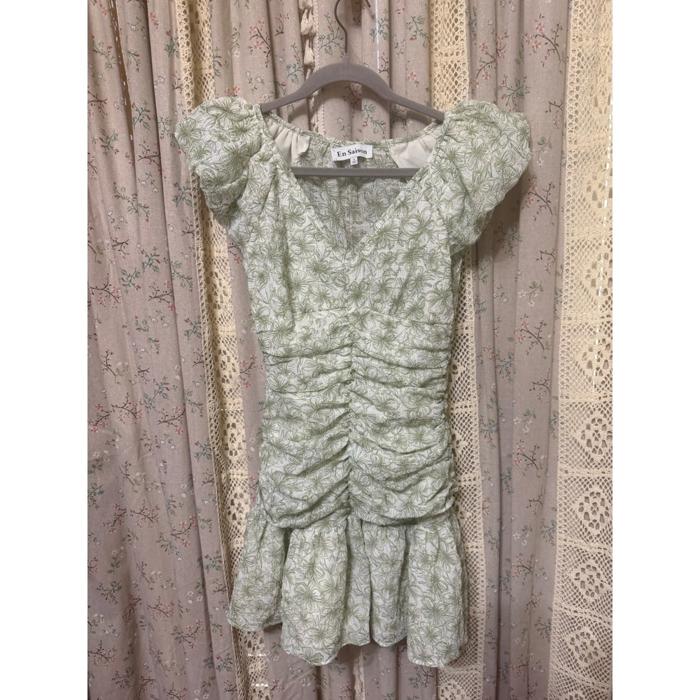 En Saison Monique Green Floral Ruched Puff Sleeve Mini Dress Small